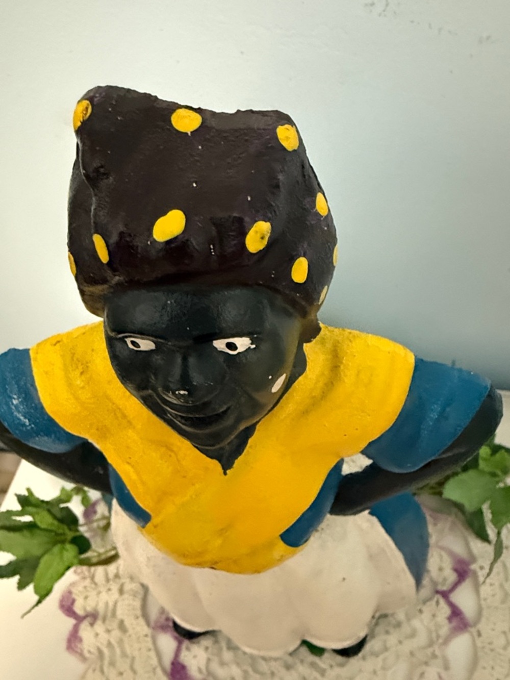 Vintage Hand-Painted Black Figurine in Blue & Yellow Dress with White Apron - Picture 2 of 5